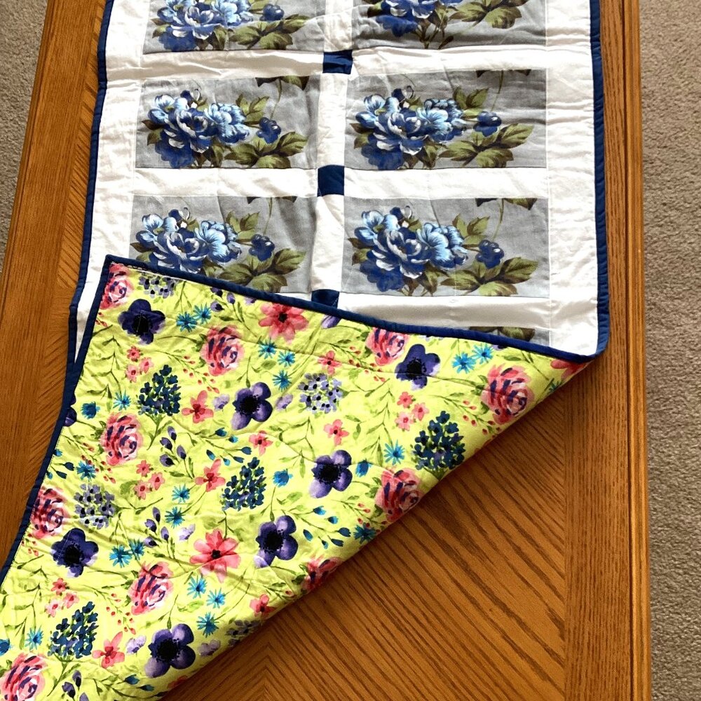 Handmade Quilted Reversable Table Runner Linens Home Decor Blue Floral